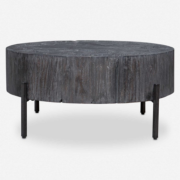 Uttermost Adjoin Rustic Black Teakwood With Iron Round Coffee Table - Image 1