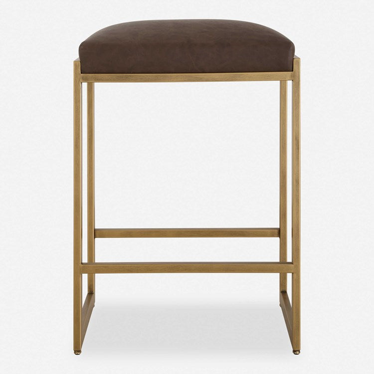 Uttermost Atticus Counter Stool ~ Cocoa Faux Leather Cushioned Seat - Image 1
