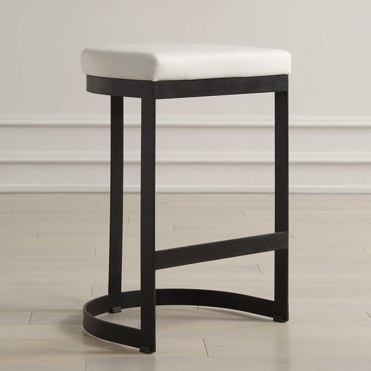 Uttermost Ivanna White Pebbled Faux Leather Counter Stool With Matte Black Iron Base - Image 1