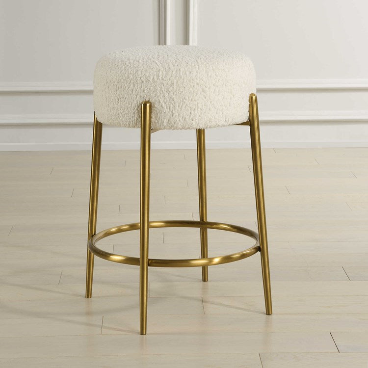 Uttermost Arles White Faux Shearling Seat Counter Stool With Brushed Brass Base - Image 2