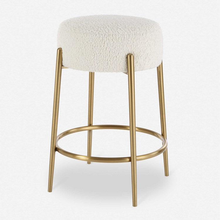 Uttermost Arles White Faux Shearling Seat Counter Stool With Brushed Brass Base