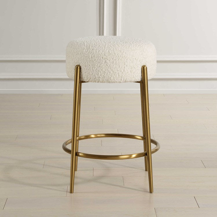 Uttermost Arles White Faux Shearling Seat Counter Stool With Brushed Brass Base - Image 3