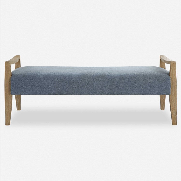 Uttermost Daylight Sky Blue Fabric Cushioned Seat Natural Oak Wood Bench - Image 2