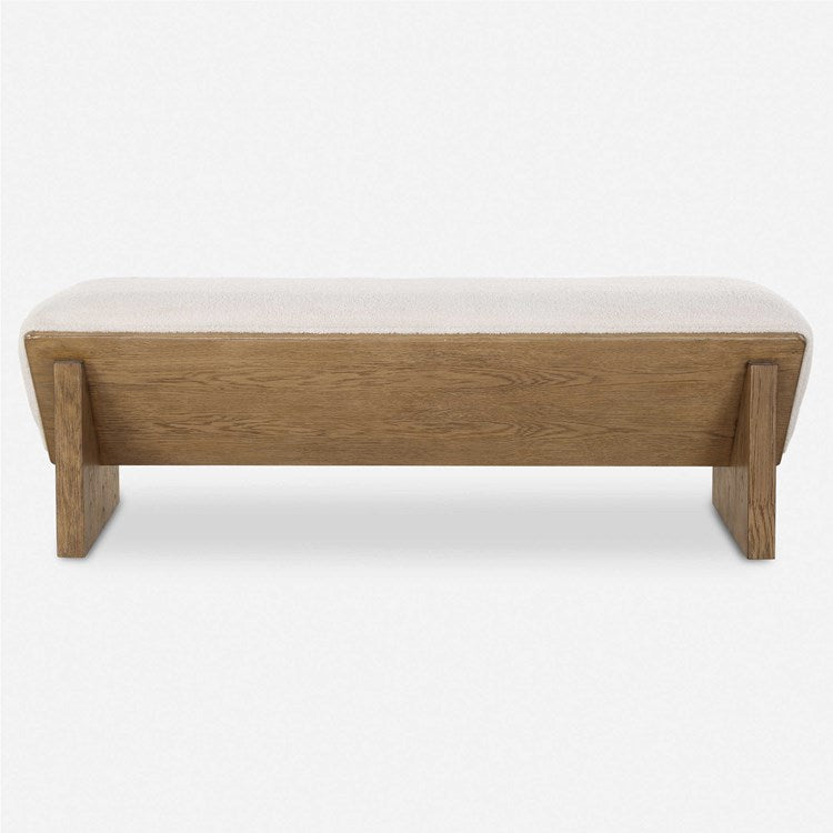 Uttermost Wedged Ivory Faux Sheepskin Cushioned Seat Oak Wood Bench - Image 2