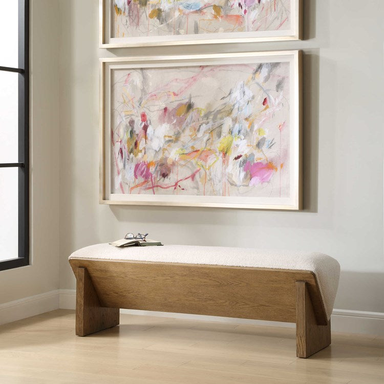 Uttermost Wedged Ivory Faux Sheepskin Cushioned Seat Oak Wood Bench - Image 1