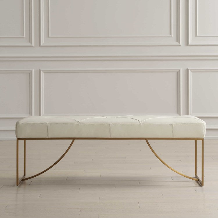 Uttermost Swale Ivory Leather Cushioned Seat Brushed Brass Bench - Image 1