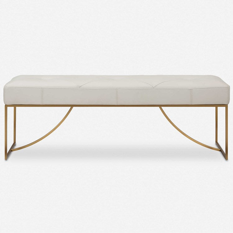 Uttermost Swale Ivory Leather Cushioned Seat Brushed Brass Bench - Image 2