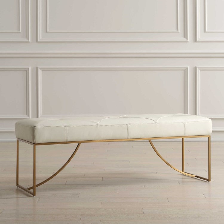 Uttermost Swale Ivory Leather Cushioned Seat Brushed Brass Bench - Image 3