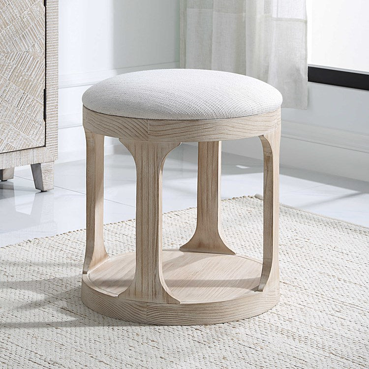 Uttermost Dennen Off White Fabric Cushioned Top Round Wood Bench - Image 1