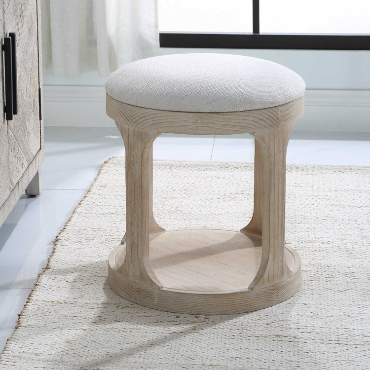 Uttermost Dennen Off White Fabric Cushioned Top Round Wood Bench - Image 3