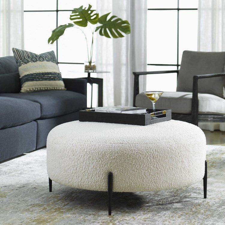 Uttermost Arles White Faux Shearling Large Round Ottoman - Image 2