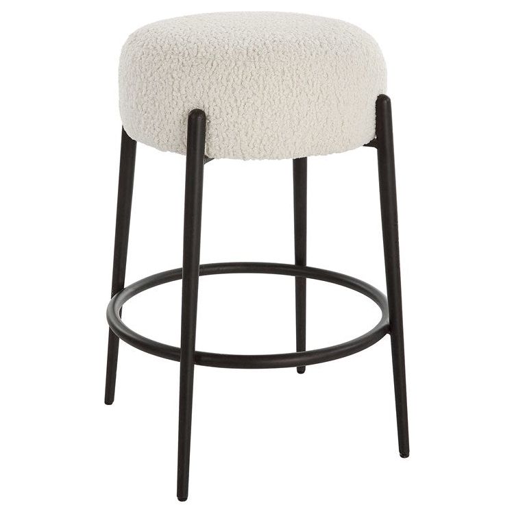 Uttermost Arles White Faux Shearling Seat Counter Stool With Black Metal Base