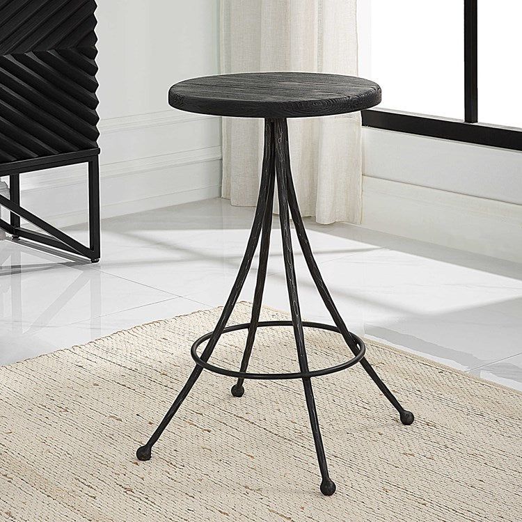 Uttermost Sona Matte Black Wood Seat Counter Stool With Black Iron Base
