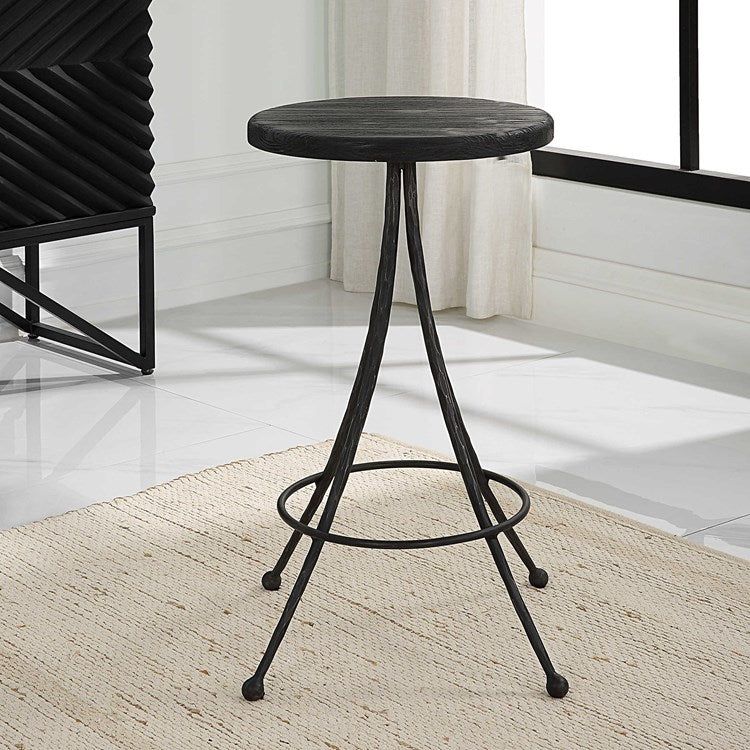 Uttermost Sona Matte Black Wood Seat Counter Stool With Black Iron Base - Image 3