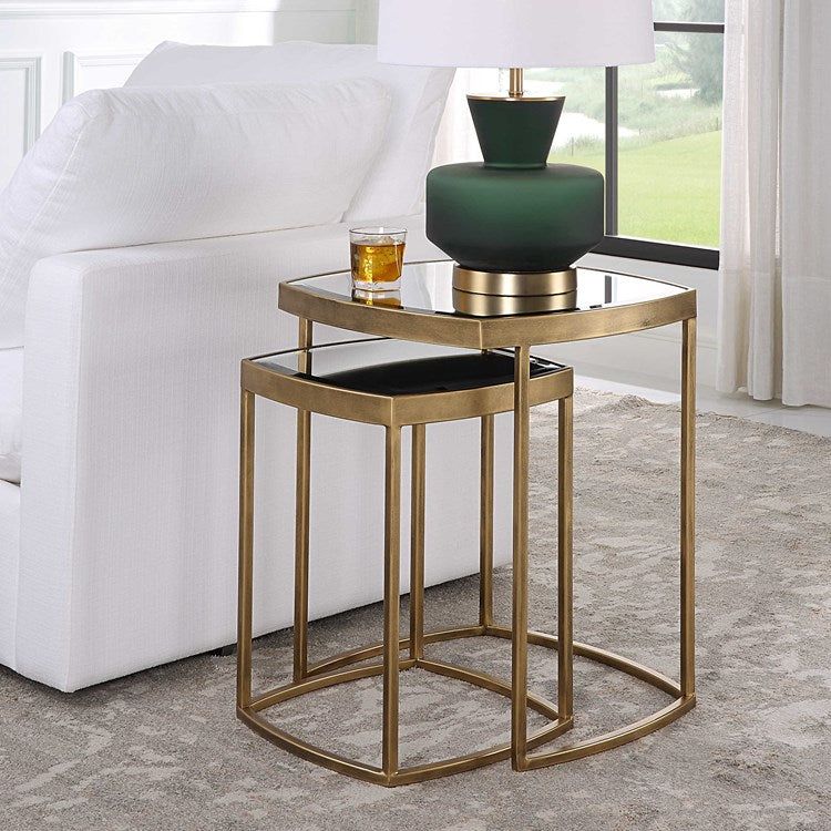 Uttermost Vista Beveled Mirrored Top with Antique Gold Base Set of 2 Nesting Tables - Image 2
