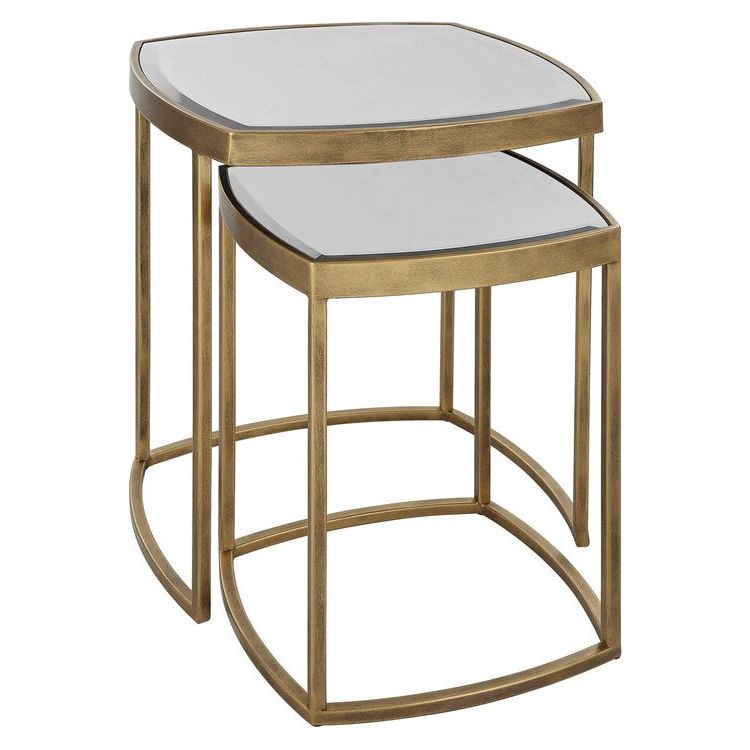 Uttermost Vista Beveled Mirrored Top with Antique Gold Base Set of 2 Nesting Tables - Image 3