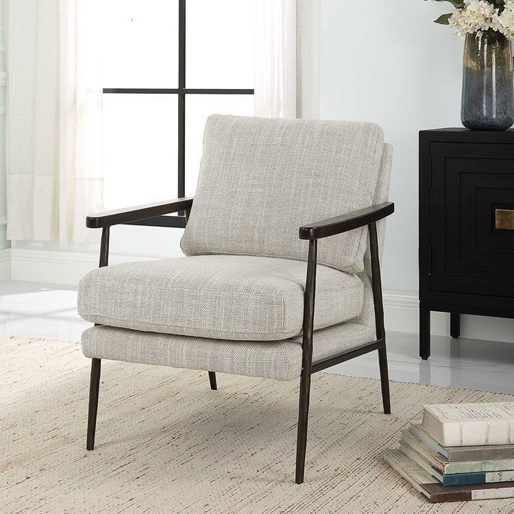 Uttermost Sebastian Ivory and Beige Fabric With Dark Bronze Iron Accent Chair - Image 1