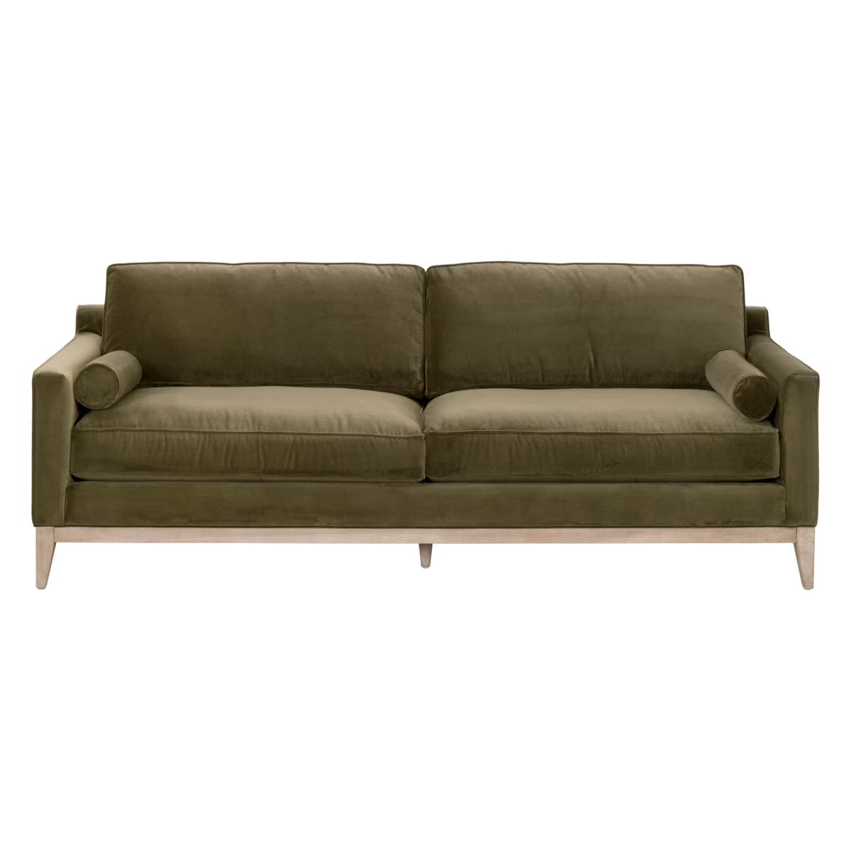 Essentials For Living Parker 86” Post Modern Sofa ~ Olive Velvet With Natural Gray Oak