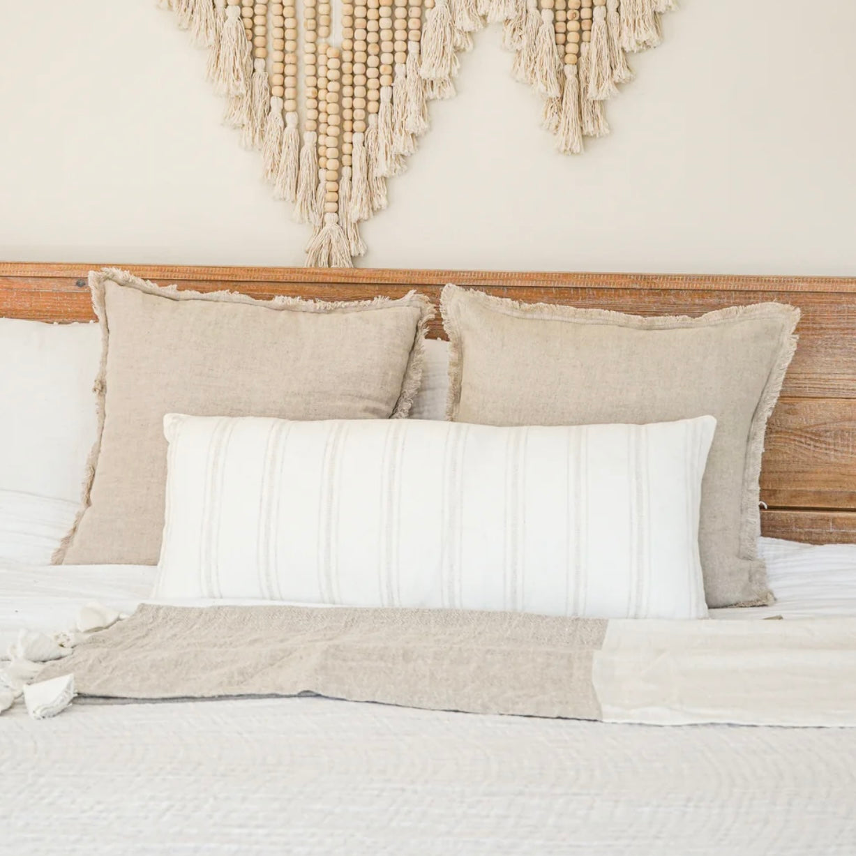 Anaya Home So Soft Linen White With Beige Stripes Pillow 13x30 With Down Insert ~ DREAMY BEDDING SALE ~ Limited Quantity - Image 1