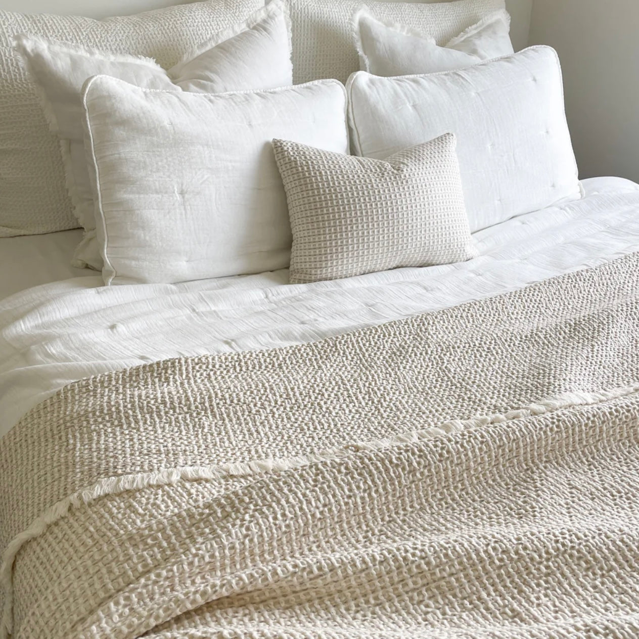 Anaya Home Cool Cotton Beige Waffle Weave Pillow 14x20 With Down Insert - Image 2