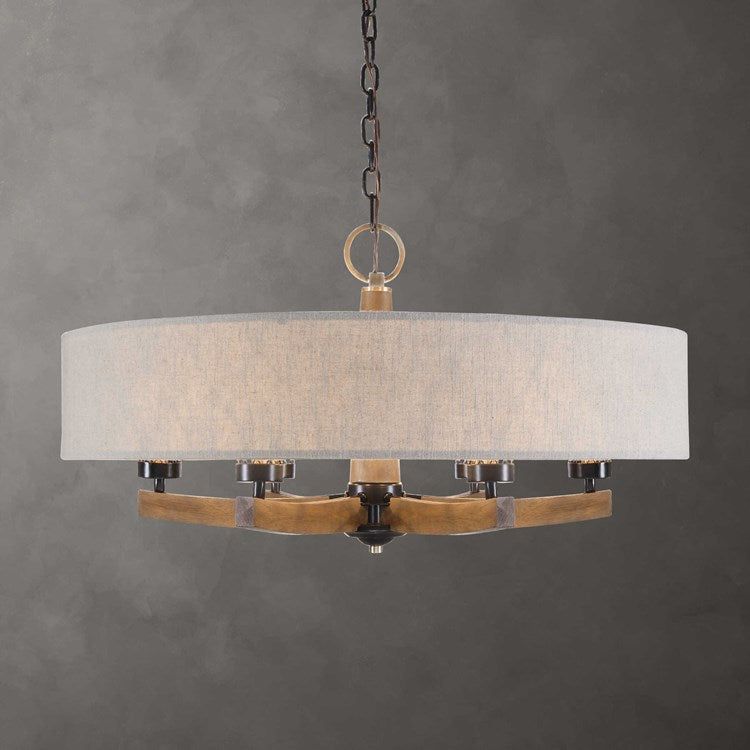 Uttermost Woodall Oatmeal Linen Shade with Curved Wood 6 Light Chandelier - Image 2