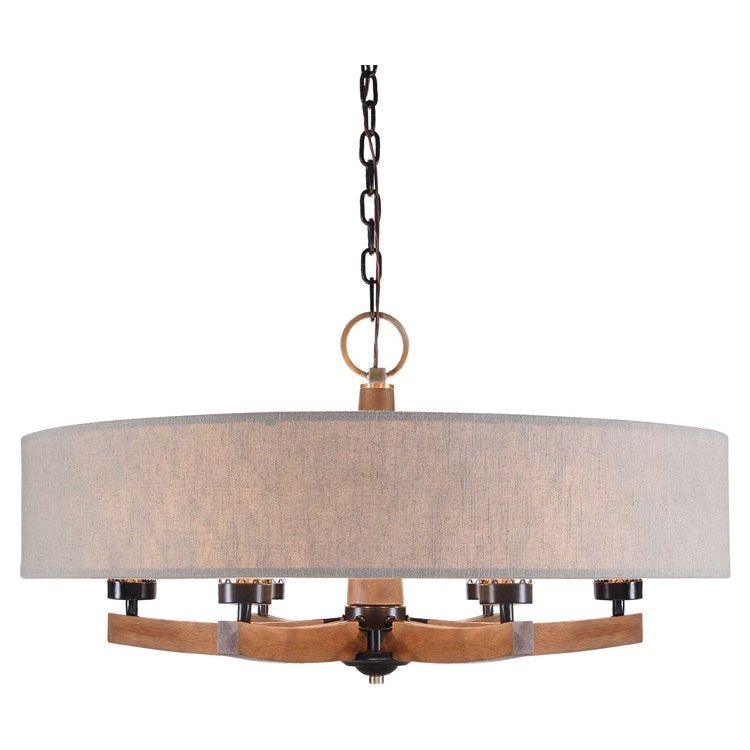 Uttermost Woodall Oatmeal Linen Shade with Curved Wood 6 Light Chandelier - Image 1