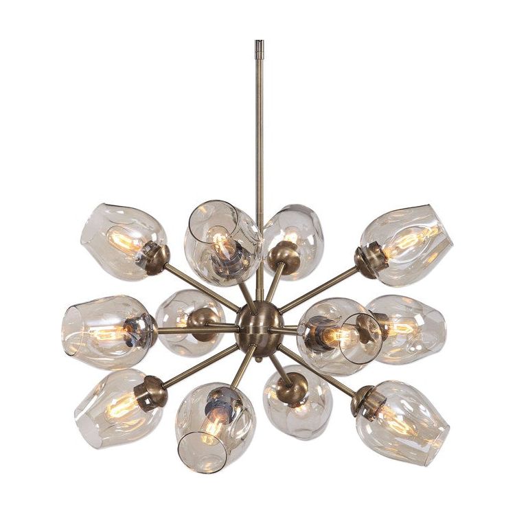 Uttermost Chet Amber Dimpled Glass Shades with Antique Brass Finish 12 Light Chandelier - Image 2
