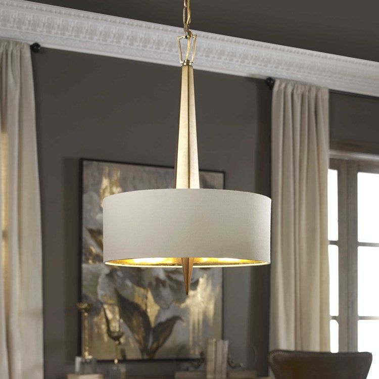Uttermost Obeliska Beige Linen Shade with Warm Gold Accents Art Deco 3 Light Chandelier - Image 3