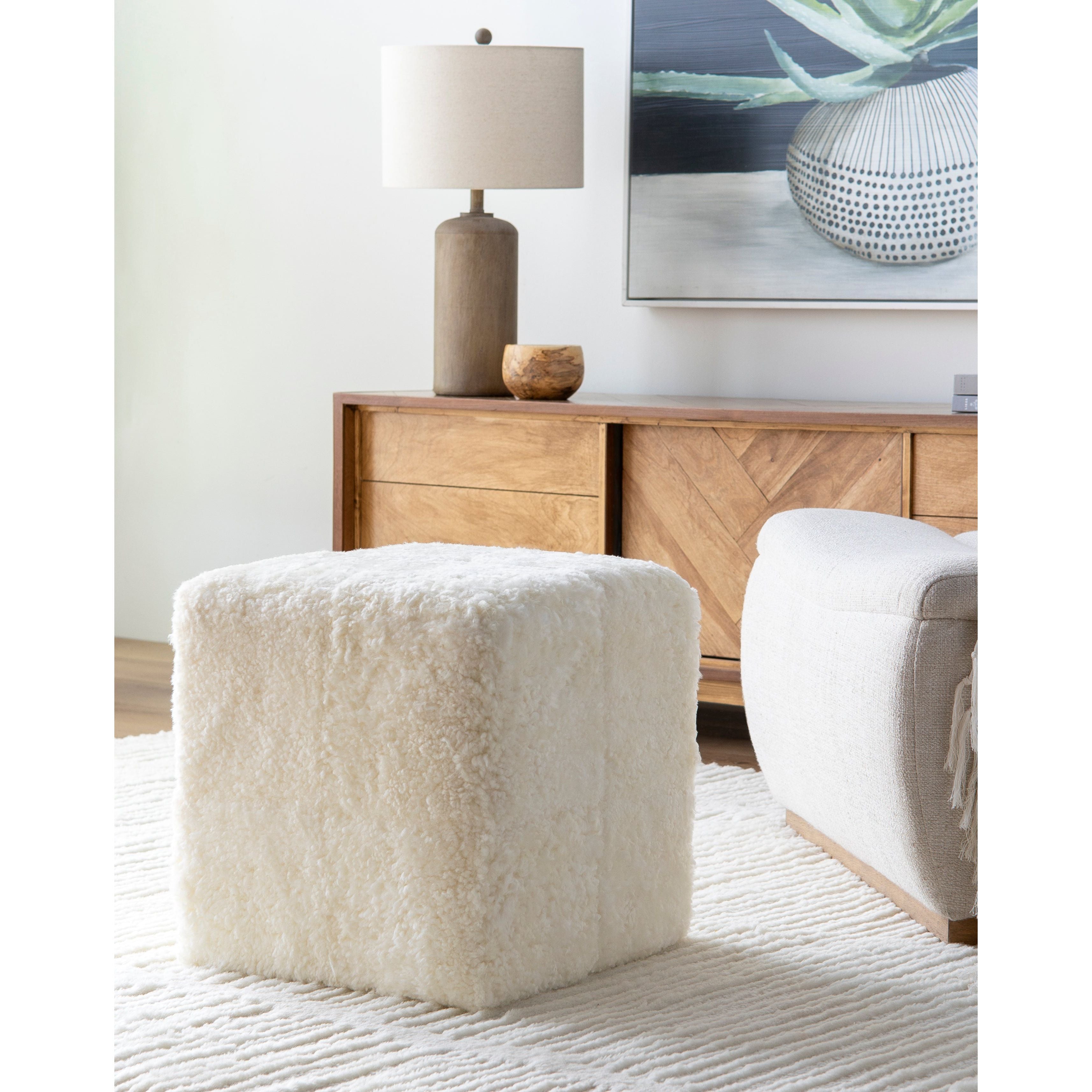 Surya Calidus Modern Rustic Butter Sheepskin Pouf Ottoman CLPF-001