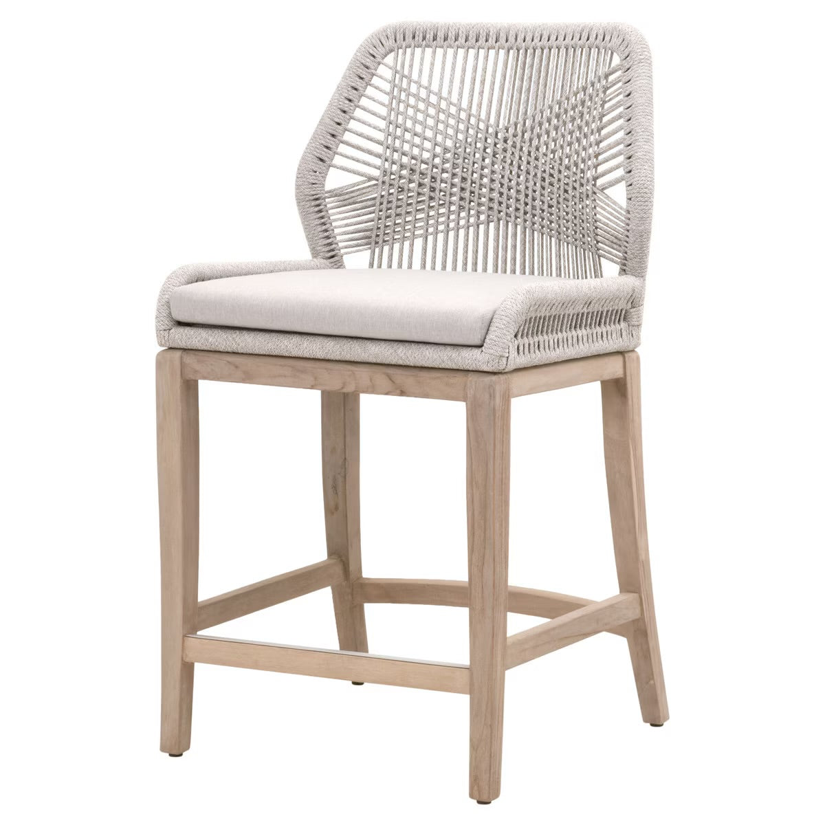 Essentials For Living Loom BarStool ~ Taupe & White Flat Rope, Performance Pumice With Gray Teak Frame - Image 2