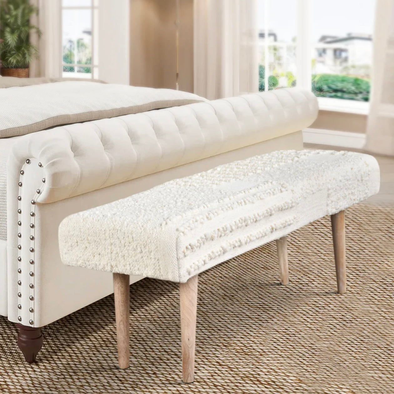 Anaya Home White Boucle Patchwork Handwoven Bench - Image 3