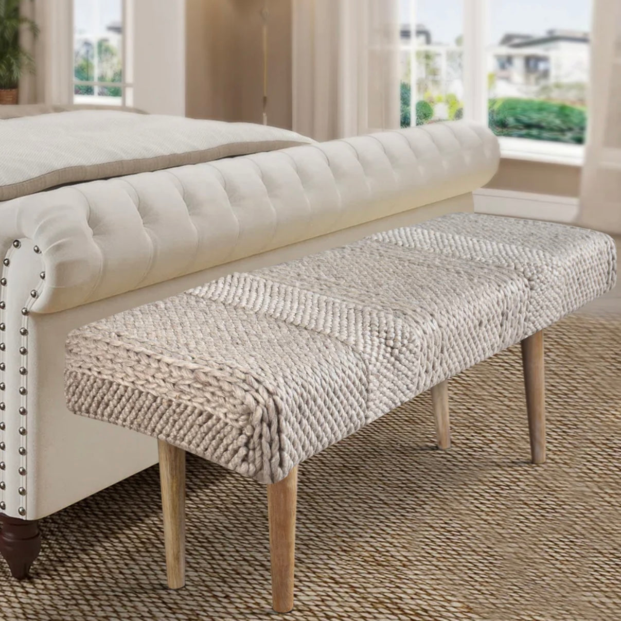Anaya Home Textured Taupe Handwoven Bench - Image 3
