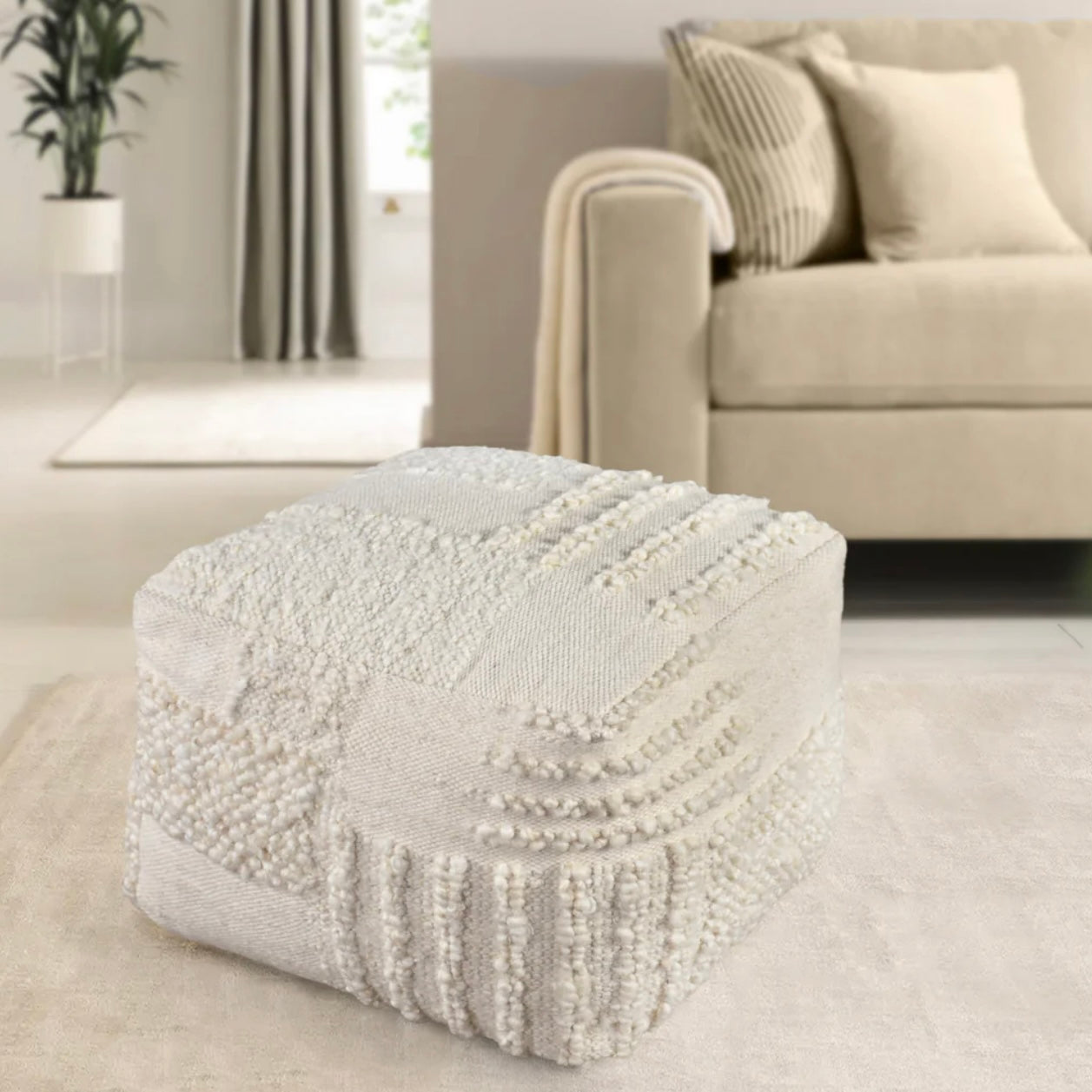 Anaya Home White Boucle Patchwork Handwoven Pouf - Image 3