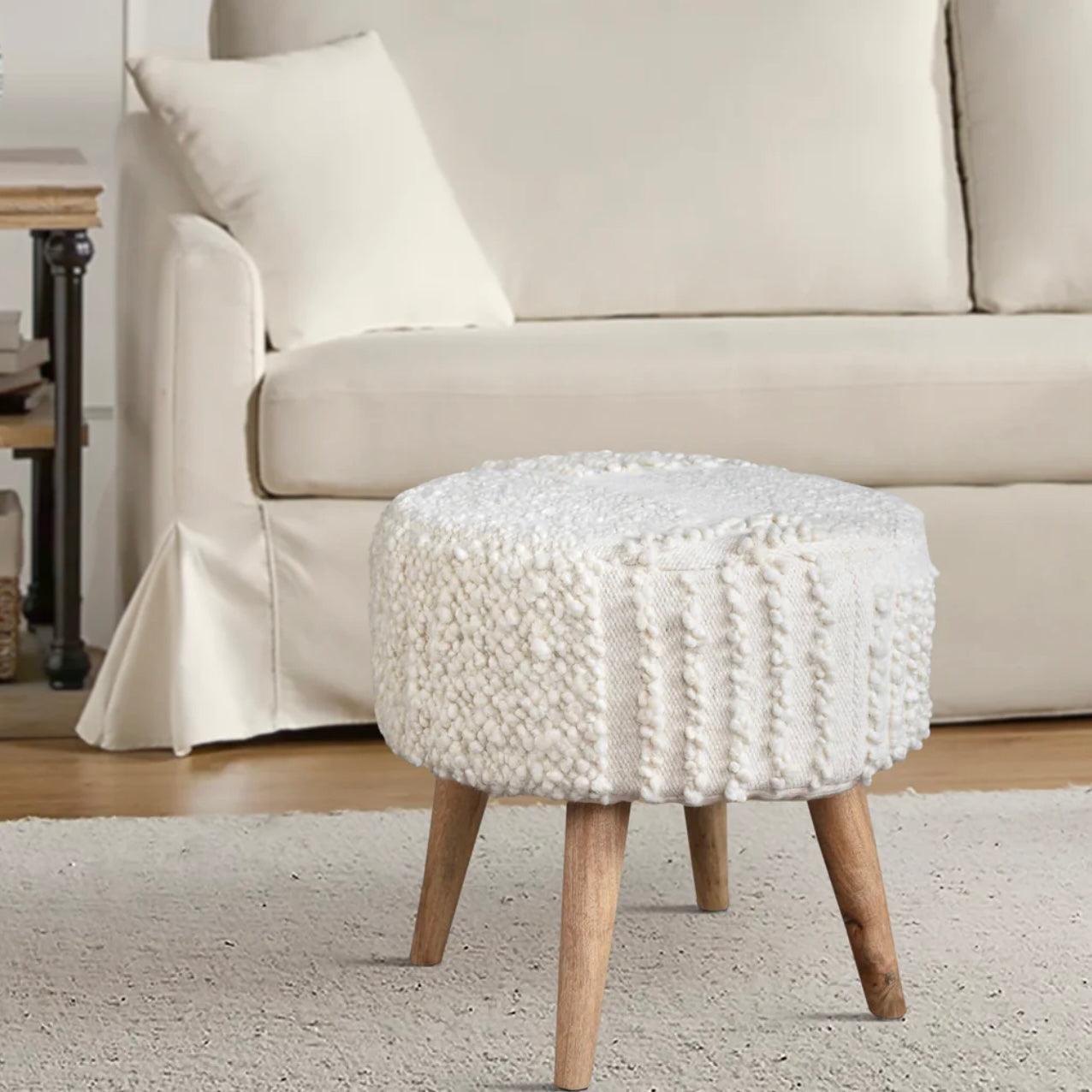 Anaya Home White Boucle Patchwork Oversized Handwoven Stool - Image 2