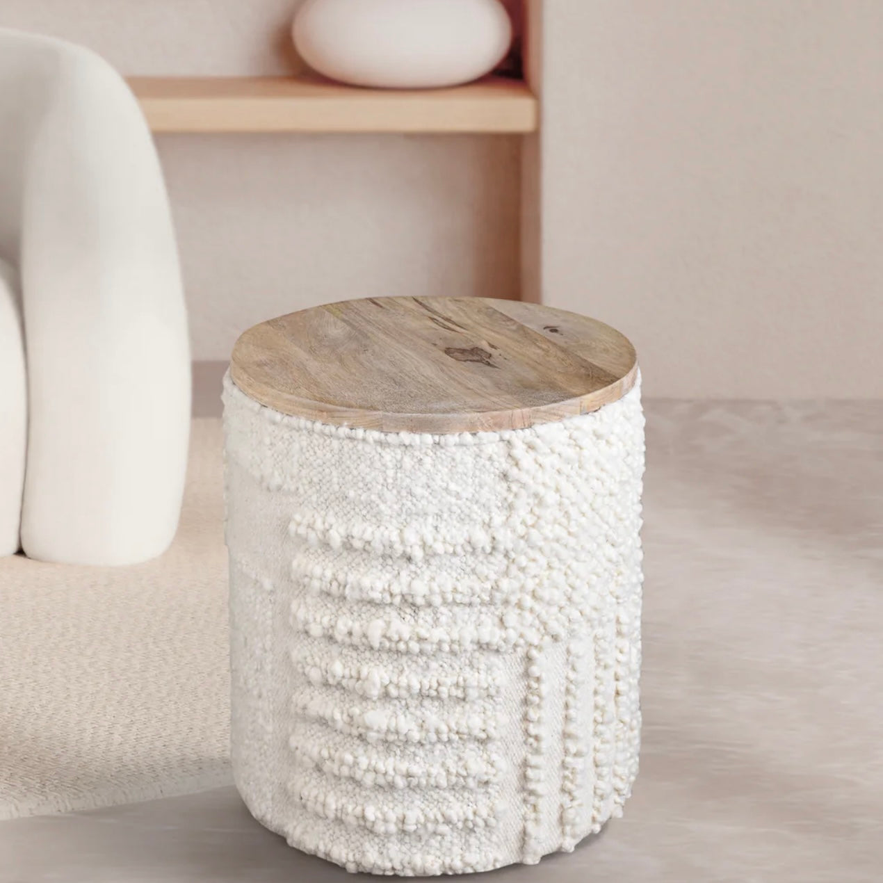 Anaya Home White Boucle Patchwork Storage Side Table - Image 2