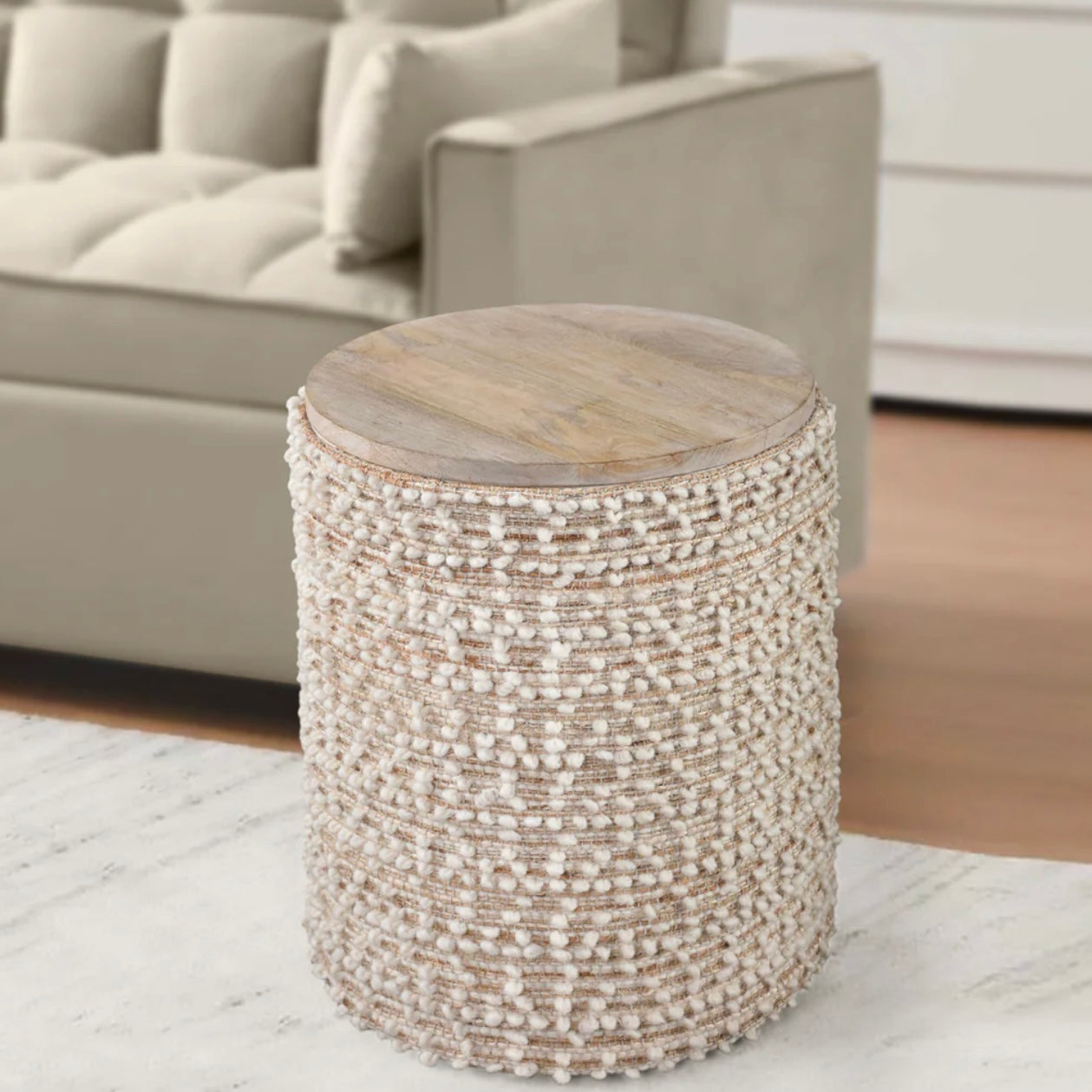 Anaya Home Natural Boucle Handwoven Storage Side Table - Image 3