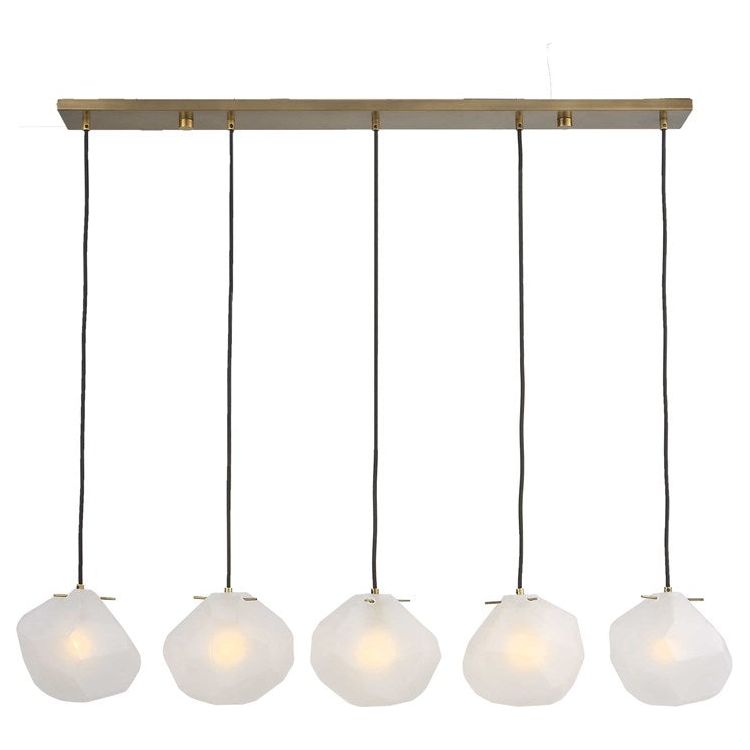 Uttermost Geodesic Frosted Geometric Shaped Glass With Matte Antique Brass Finish Linear 5 Light Pendant
