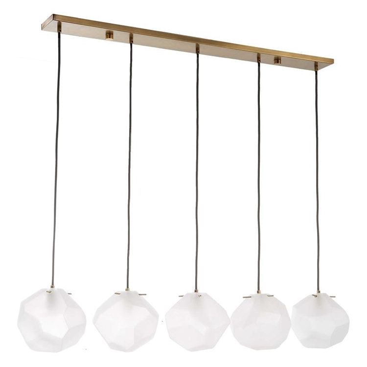 Uttermost Geodesic Frosted Geometric Shaped Glass With Matte Antique Brass Finish Linear 5 Light Pendant - Image 3