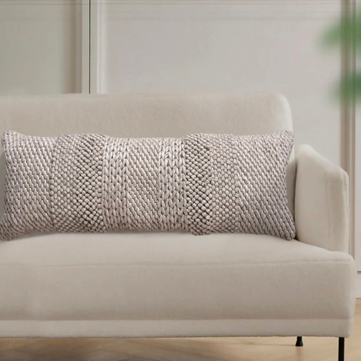 Anaya Home Textured Taupe Handwoven Pillow 14x40 With Down Insert - Image 3