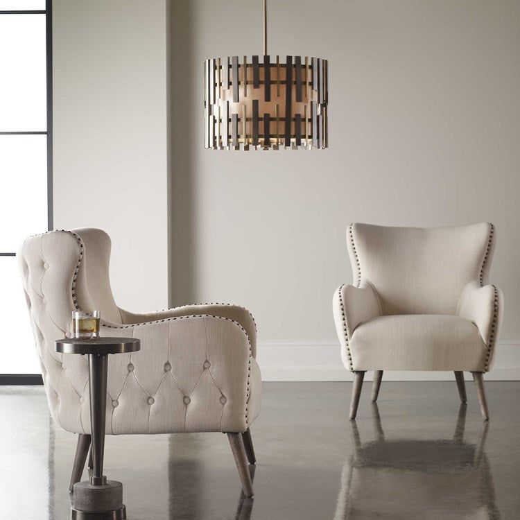 Uttermost Myers Warm Gray Wood and Antiqued Brass Modern 4 Light Pendant - Image 1