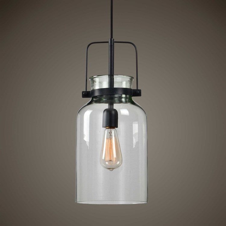 Uttermost Lansing Glass With Textured Black Finish Modern Farmhouse Mini Pendant Light - Image 3