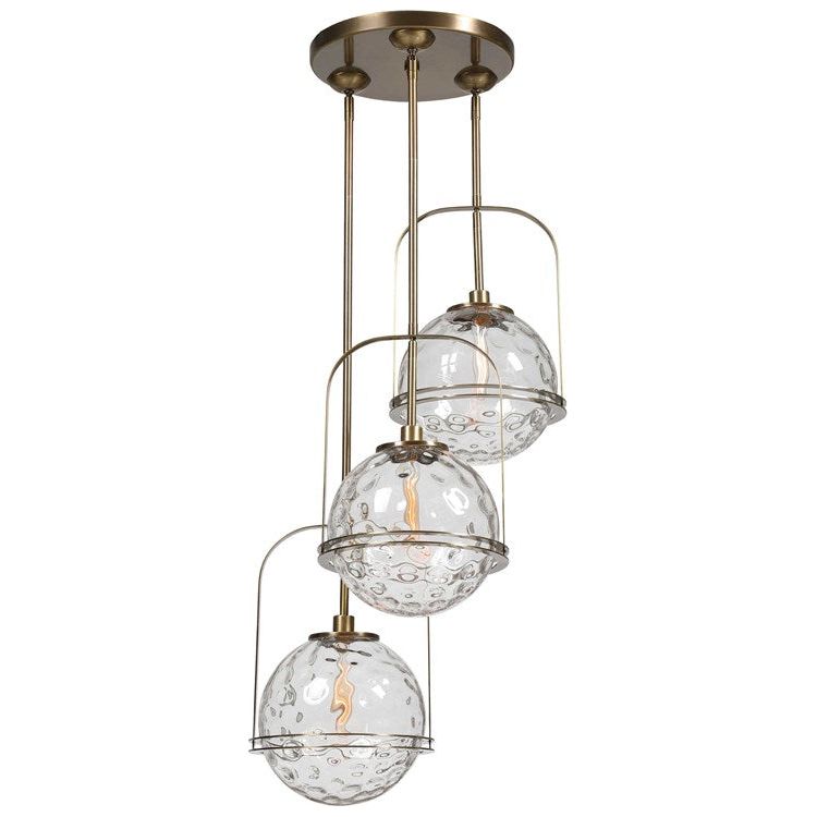 Uttermost Mimas Clear Watered Glass With Antique Brass Accents 3 Light Cluster Pendant - Image 3