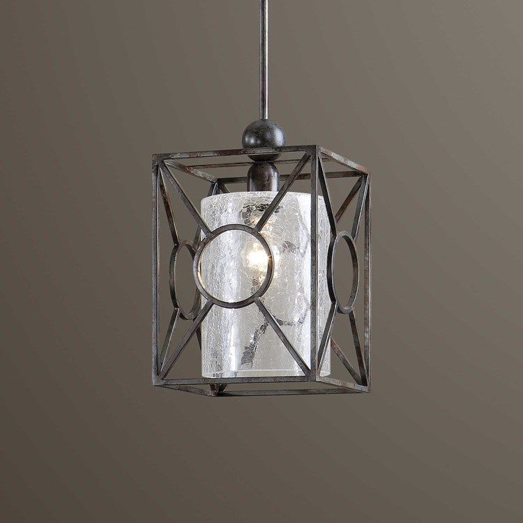 Uttermost Arbela Crackled Glass Cylinder With Rust Black Finish Mini Pendant Light - Image 2