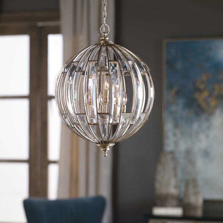 Uttermost Vicentina Beveled Crystal Sphere With Burnished Silver Champagne Leaf Finish 6 Light Pendant