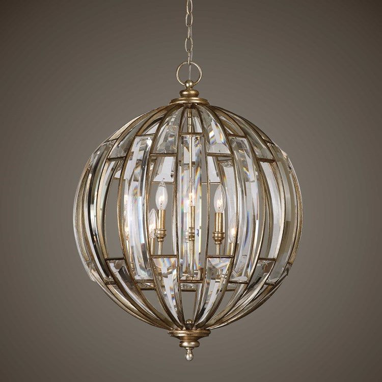 Uttermost Vicentina Beveled Crystal Sphere With Burnished Silver Champagne Leaf Finish 6 Light Pendant - Image 3