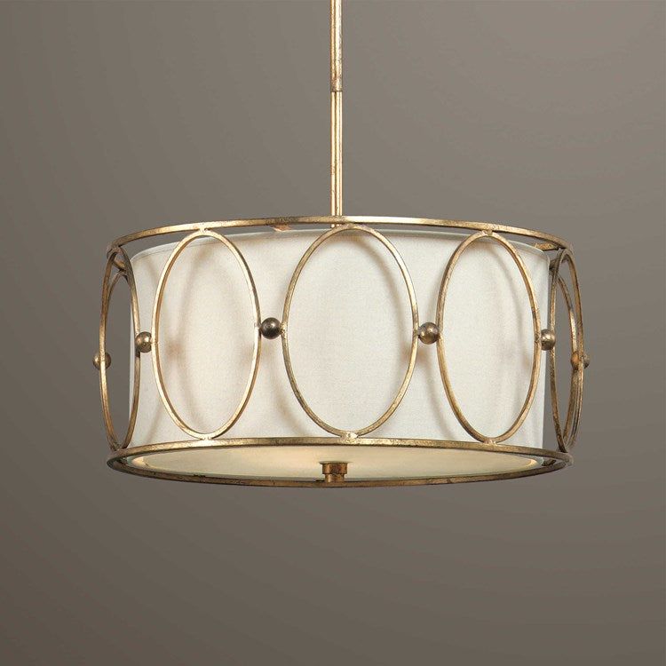Uttermost Ovala Beige Linen Oval Shade With Antiqued Gold Leaf Finish 3 Light Pendant