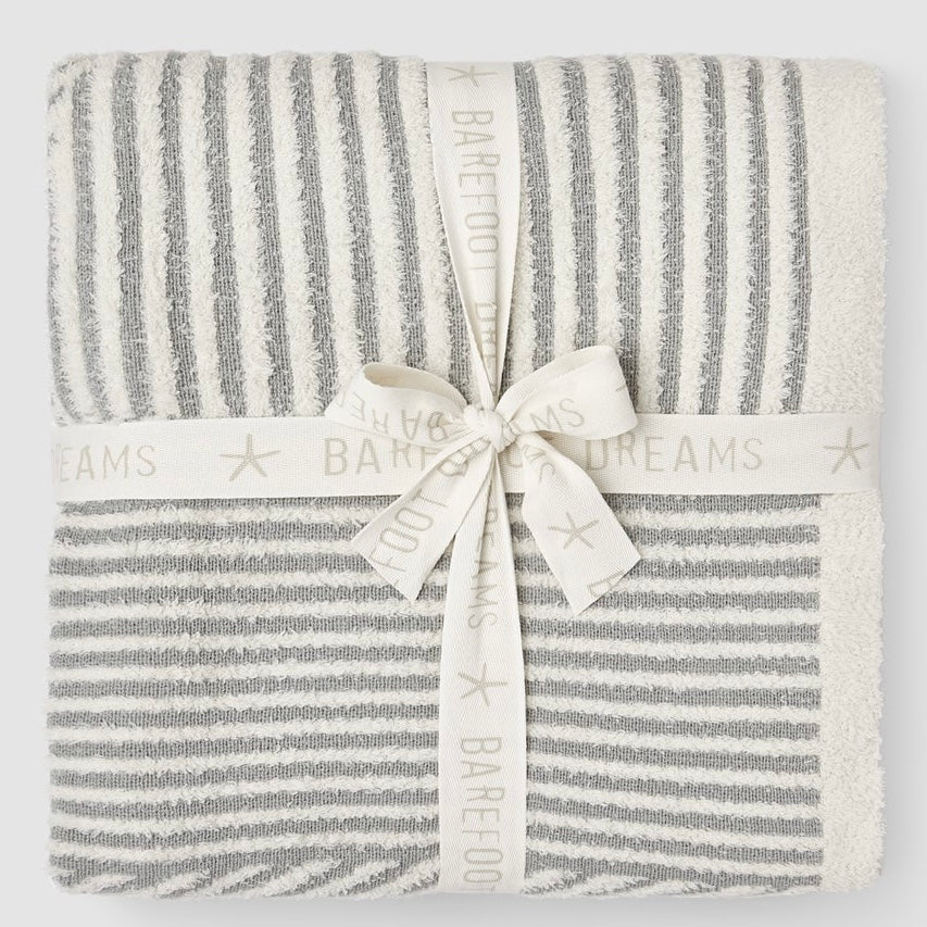 Barefoot Dreams CozyChic Cotton Linea Mixed Stripe Throw Blanket ~ Cream & Moonwater