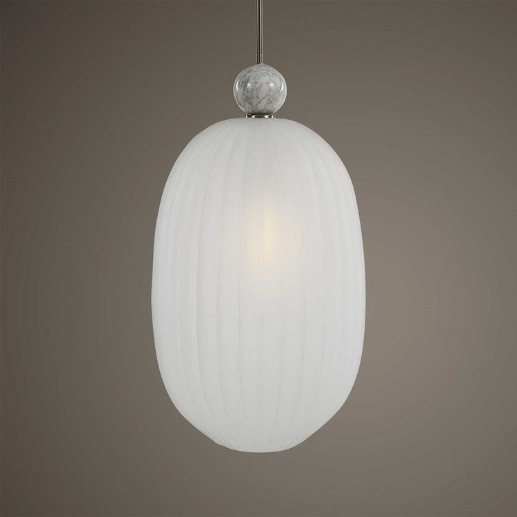 Uttermost Creme Etched Melon Glass Shade With White Marble and Brushed Nickel Finish Pendant - Image 2