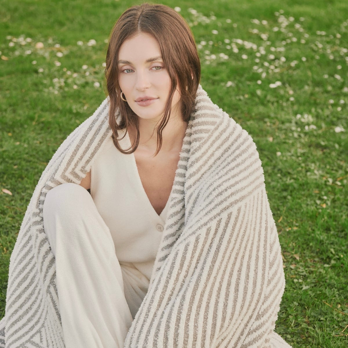 Barefoot Dreams CozyChic Cotton Linea Mixed Stripe Throw Blanket ~ Cream & Pewter