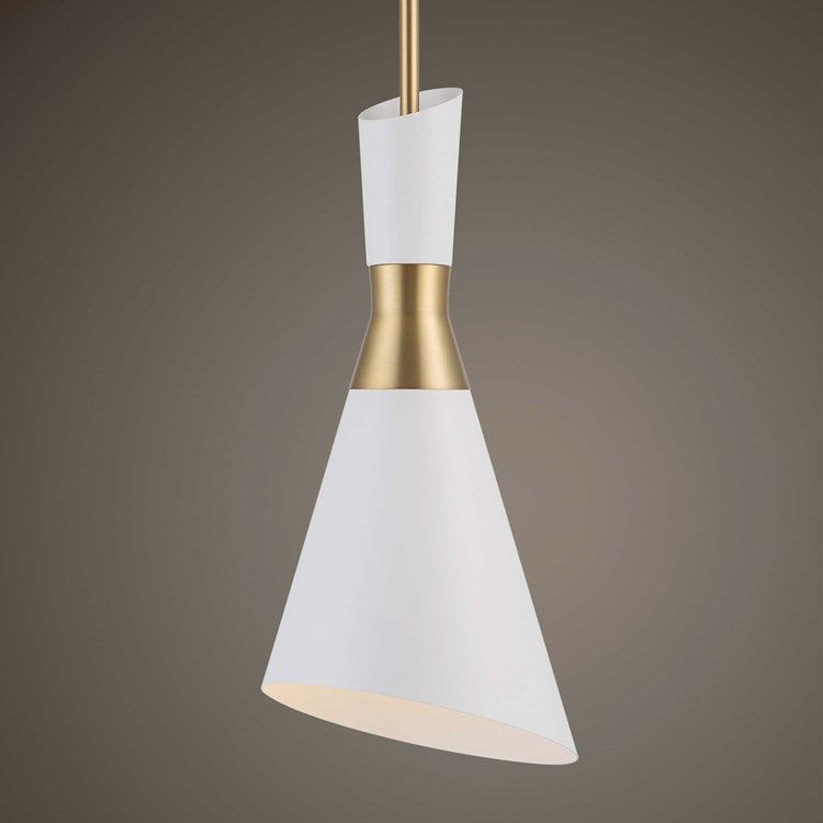 Uttermost Eames Modern White and Antique Brass Finish Cone Pendant Light - Image 2
